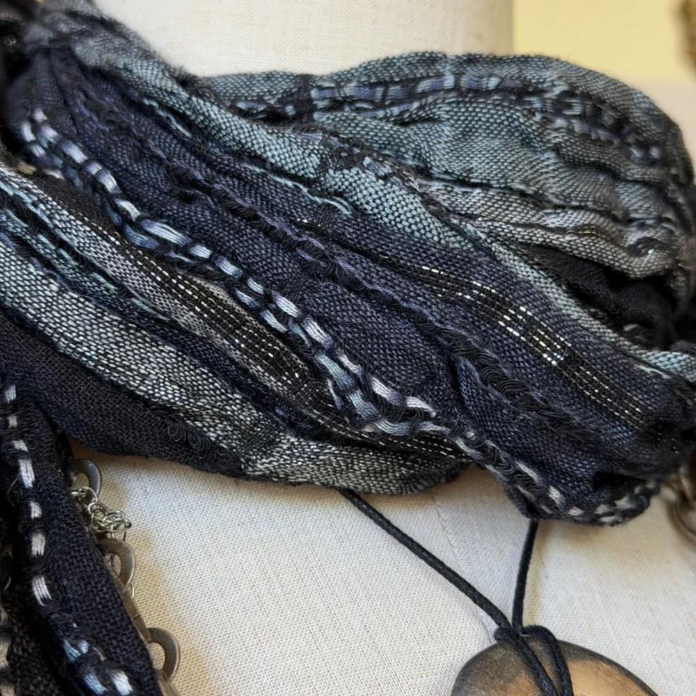 Black Metallic Sparkly Striped Fringe Scarf Whimsygoth Grunge Vintage